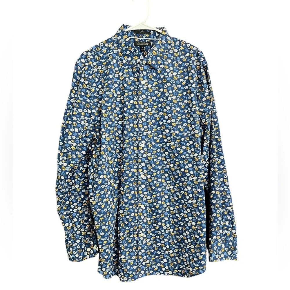 Banana Republic Blue Orange Floral Long Sleeve Dress Shirt Non-Iron Slim Size XL